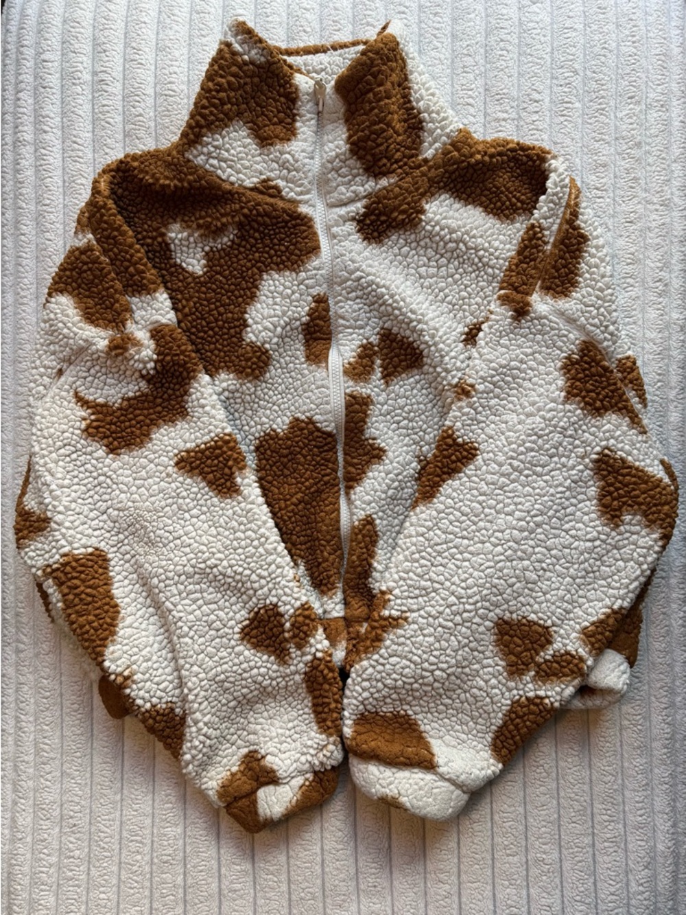 Urban Outfitters Cream and Brown Cow-Print Sherpa Zip Jacket